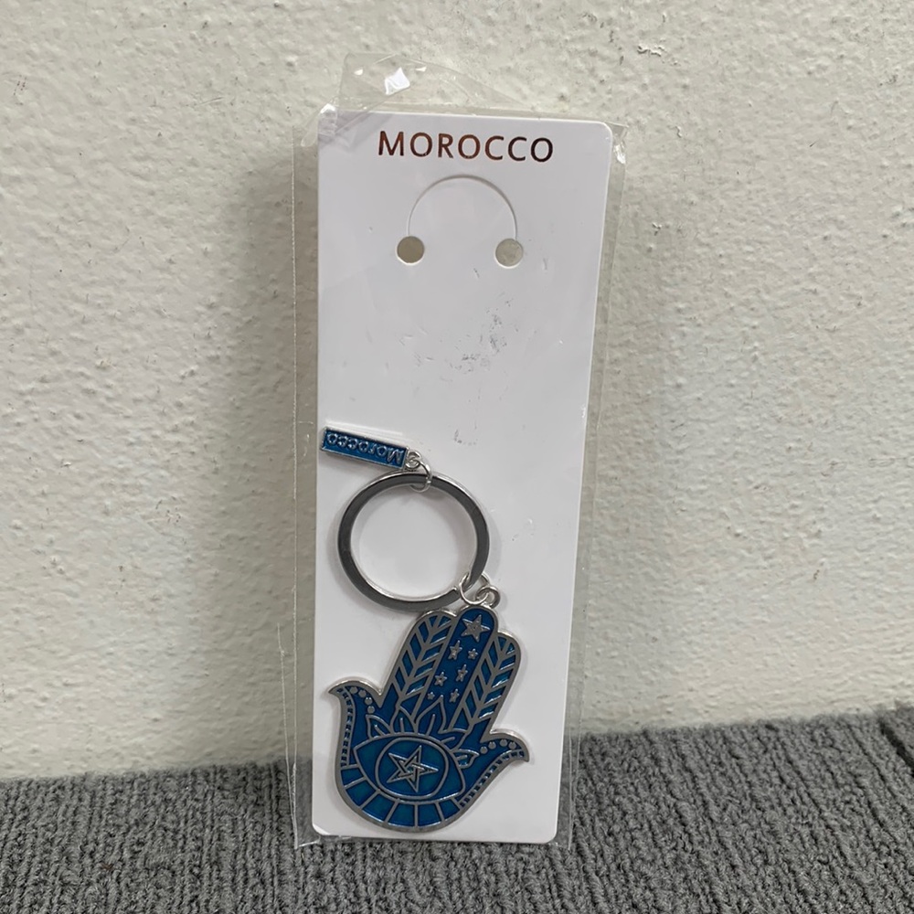 Morocco Hamsa Keychain Blue Silver Hand of Fatima Protection from Evil Eye